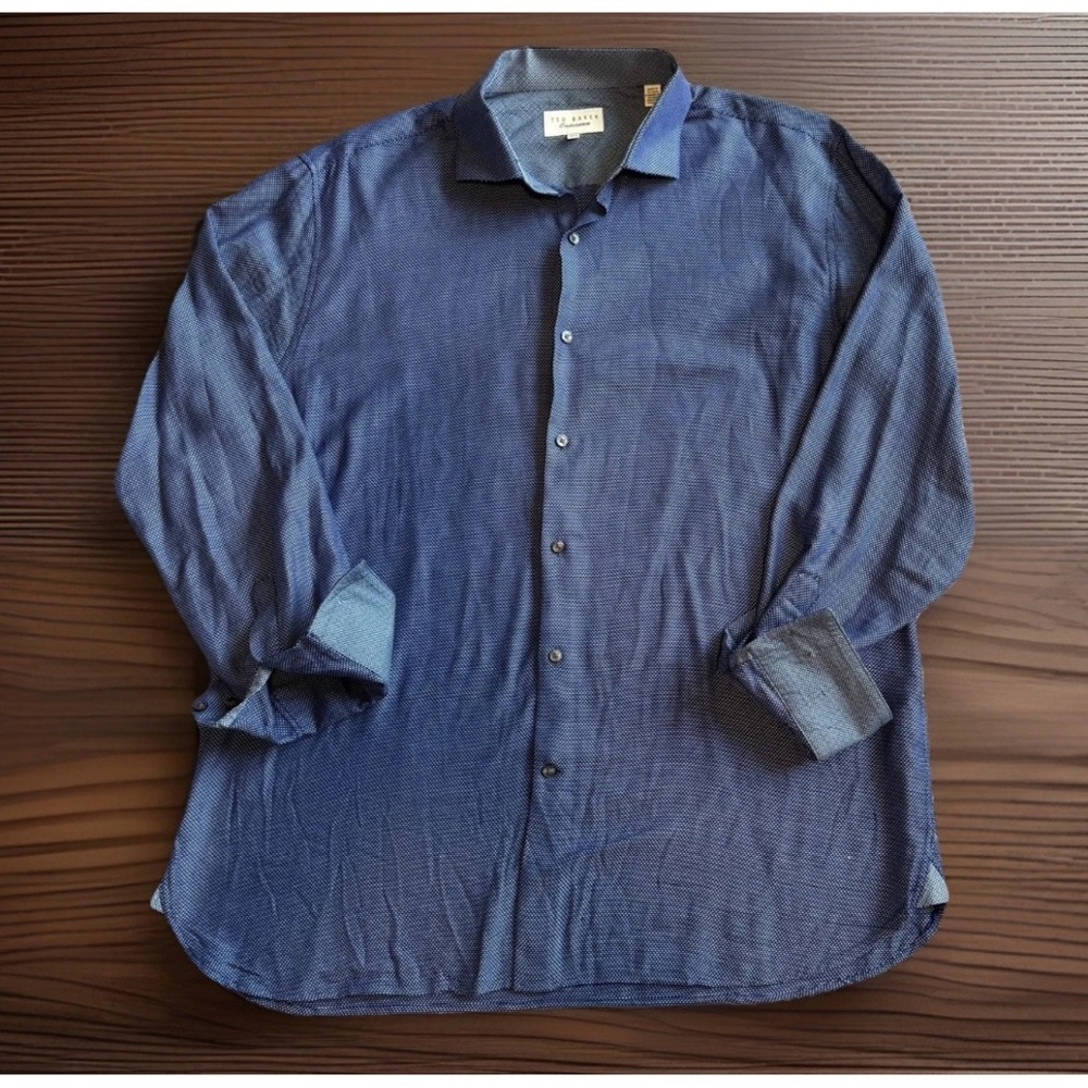 TED BAKER Dress Shirt Size 17 34/35 Blue Microdot Endurance Long Sleeve Cotton